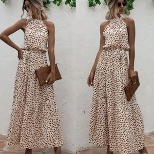 Boho polka dot belted layer ruffle halter dress
